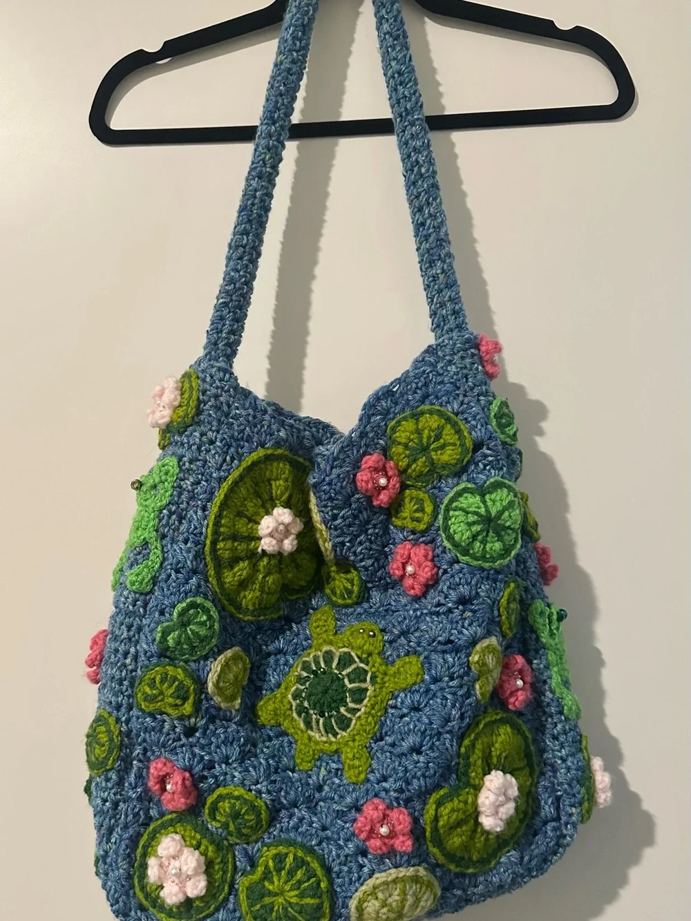 Handmade Blue Crocheted Lily Pad Tote with Embroidered Fish